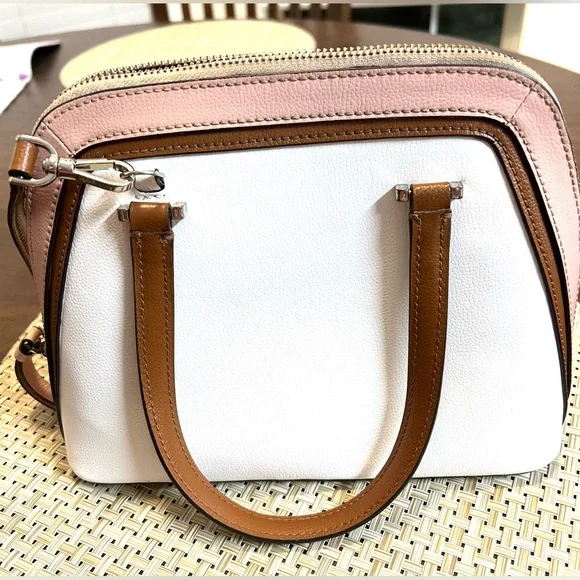 Small Kate Spade White and Pink Satchel with Brown Accents. - Picture 3 of 15